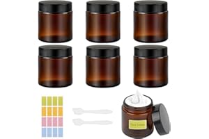 AILVOR Amber Glas Leerdose,100ml Cremedose zum Befüllen, 6 Stück Salbentiegel mit 2 Spatel und Aufkleber, Leer Nachfüllbare Cremetiegel, Braunen Glasbehälter für Lotion, Creme, Kosmetik
