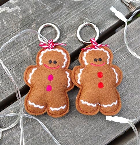 Sewn Gingerbread Keyring Handmade in Felt with Machine Embroidered Face, Gumdrop Buttons and Ric Rac effect. Comes complete with a round carabiner stainless steel keyring