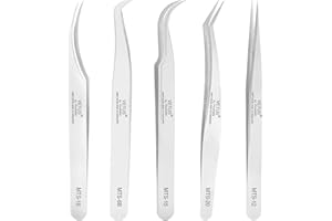 Obeyalash Juego de 5 pinzas de pestañas de acero inoxidable, pinzas independientes profesionales, extensiones de pestañas, pinzas rectas curvadas plateadas para pestañas, arte de uñas, fabricación de