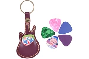 KINGPOINT Custodia portachiavi per plettri chitarra, a forma di chitarra, in pelle, con 5 plettri in regalo, Guitar Pick Case-Coffee Color