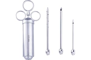 YNR 304 Stainless Steel Seasoning Meat Injector Kit 2-oz Large Capacity Barrel 3 Needles 4 Spare O-Rings Professional Marinade Flavour Food Juices Minced Syringe Kit for Beef Chicken Turkey