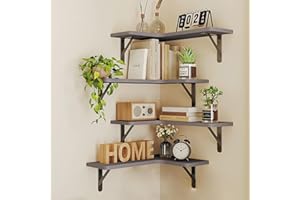 BAKAJI Juego de 4 estantes de Madera angulares, estantería esquinera para Montaje en Pared, Barras de Metal, estantería para Dormitorio, salón, Cocina, baño, librería Que Ahorra Espacio (Gris)