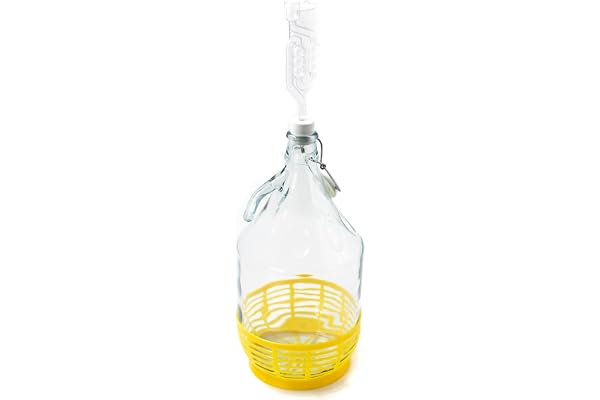 WYSKONT Bouteille bonbonne à col étroit avec couvercle pivotant, panier de protection, sas et bouchon pour la fabrication du vin, la fermentation, le stockage des boissons, verre transparent, 1 x 5 L