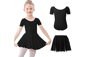 KEFIYIS Ballettkleidung Mädchen Kurzarm Ballettkleid Baumwolle Balletttrikot Kinder Ballettanzug Ballettbody mit Chiffon Rock Tütü 3-11Jahre