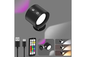 Hiyorsoa Rechargeable Wall Light, Wall Light with Remote Control, Wireless LED Wall Light with 6 Dimmable Brightness Levels 3 Colours Temperature 9 Colours RGB Modes 360° Rotatable Wall Lamp (1)