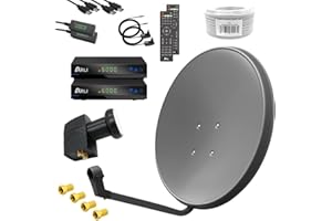 ARLI HD digital Sat Anlage 60 cm Grau/Anthrazit Komplettset für 2 Teilnehmer komplett inkl. 2X Receiver DVB-S2 + Twin LNB + 50 m Koaxialkabel + 4X F-Stecker Satellitenschüssel UHD (4K / 8K) 3D