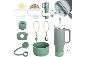 Yuecda 9 sztuk akcesoriów Stanley Cup, w tym silikonowe etui ochronne, szczelny zestaw zatyczek, pokrywka słomki, wisząca biżuteria, odpowiednie do kubków Stanley 1,2 l i 850 ml (Shale)