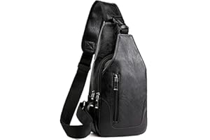 VOHONEY Sac de Poitrine Homme Sacoche à Bandoulière Sacs a Dos Porté épaule Travers Sac Rétro en PU Cuir Étanche Bandoulière avec USB Ports (Homme Sac de Poitrine Noir 2)