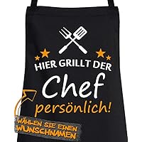 Comedy Grill Schürze - Hier GRILLT DER Wunschname PERSÖNLICH - Motiv 6" - Schwarz/Weiss-Orange