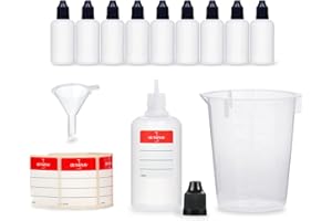 Octopus 10 x 50 ml plastikowe butelki z lejkiem + miarki + etykiety, plastikowe butelki LDPE, butelki dozujące, butelki z kroplomierzem, butelki z kroplomierzem, czarne pokrywki