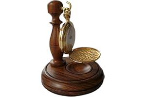 THE LUXURY VAULT Wooden Pocket Watch Stand Wood Holder Hanger Hand Walnut and Brass Desk Top Display