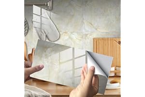 HISENG Hiser Adesivi per Piastrelle Marmo, Impermeabile a Prova di Olio PVC Autoadesivo Decorazione, Facili da Staccare e Applicare Adesivi Pavimento per Bagno Cucina Parete, 30x15cm (Beige,16 Pezzi)