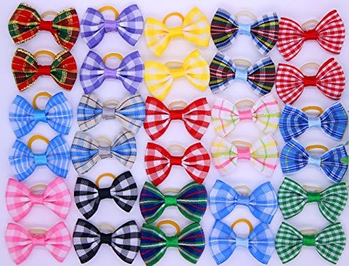 Yagapet 50pcs/25pairs Dog Hair Bows Topknot Small Bowknot with Rubber Bands Classic Plaid Style Top Quality Pet Grooming Products Pet Hair Bows Dog Hair Accessories