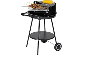 Tarrington House Barbecue rotondo a carbone Deluxe, acciaio, griglia di cottura cromata e regolabile in altezza, paravento e griglia scaldavivande, vaschetta in ceramica smaltata, con 2 ruote, nero