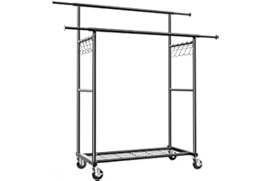 HOKEEPER Kleiderständer Schwerlast-Kleiderstange 204kg Kleiderständer mit Rädern Doppelstab-Garderobenständer zum Aufhängen von Kleidung Tragbarer mit Regalen, schwarz