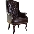 ANGEL HOME & LEISURE New Queen Anne Fireside High Back Orthopedic Wing Back Leather Chair Chesterfield Type Winged Armchair (Brown)