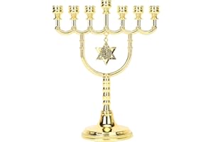 BRTAGG Candelieri Menorah con 7 rami, altezza 17 cm, design a stella di David - Decorazioni per la casa ebraica placcate in oro (modello 4346)