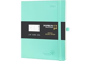 POPRUN Agenda 2024 2025 Mensuel 26,5 x 21,5cm - De jan. 2024 à juin 2025 avec Couverture Souple en PU Cuir, Poche pliable, Porte-stylo autocollant, Papier Certifié FSC®100 g/m² - Vert
