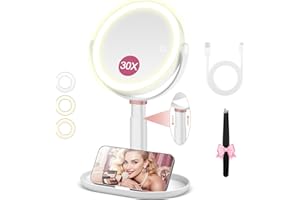 B Beauty Planet Magnifying Mirror with Light 30X/1X Double Sided, Makeup Mirror with Light & Tweezer, 3 Color Modes with Adjustable Brightness & Height, 360° Rotation Detachable(white)