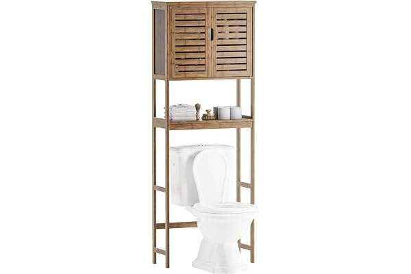 SMIBUY Badrumsförvaringshylla med skåp, Bambu Over-The-Toilet Organizer Rack, Fristående toalettutrymmesbesparare med 3-vånings justerbara hyllor (valnöt)