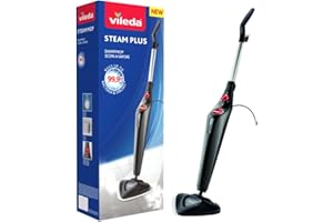 Vileda Steam Mop Steam PLUS, Black Steam Cleaner for all floors, Kills and Removes Viruses, Germs and Bacteria up to 99.9%, 3 Steam Settings, 400ml Water Tank, Heats in 15 seconds, Reaches in Corners