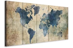 murando - Tableau décoratif Carte du monde 150x60 cm - Impression sur toile colorée - Décoration murale pour salon et chambre - Gris blanc vert - Continents cartes rétro monde ancien k-A-0415-b-m