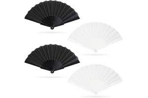 Grantop 4 Pcs Folding Hand Fan Set, Silk Fabric Plastic Ribs Handheld Fan, Folding Chinese Fan for Wedding Christmas Party Prom Festival DIY Home Decorations(4Pcs, Black+White)