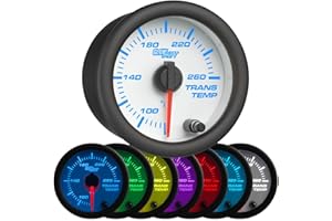 GlowShift White 7 Color 260F Automatic Transmission Temp Gauge Kit - Includes 1/8-27 NPT Electronic Sensor & Wiring - Multi-Color Display - White Dial - Clear Lens - for Car & Truck - 2-1/16" 52mm