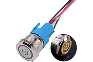JIQI 22mm Momentan Metall Druckschalter 12V bis 24V 5A Momentary LED Tastenschalter IP66 1NO1NC wasserdicht vorverdraht EIN/AUS Taste Schalter für Fahrzeugmodifikation Wohnmobil DIY(Gelb Power Symbol)