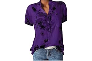 Wtouhe Femme Hauts Lâche Chemisiers Été T-Shirt 2021 Pas Cher Manches Courtes/Longues Col V Bouton Décontractée Mode Vrac Tee Shirt Floral Impression Casual Tops Chic Blouses Cadeau Nouveau Vente