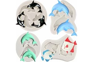 MYPRACS Set di 4 stampi in silicone a forma di delfino, a forma di pesce, per decorare torte, pasta di gomma, cupcake, caramelle, cioccolato, argilla polimerica