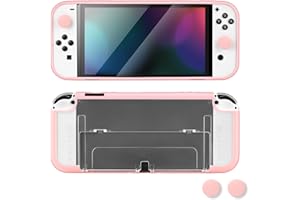 DLseego Protective Case Only Compatible with Switch OLED,Translucent Full Protection Switch OLED Case Shell Scratch Resistant Protector Cover with 2PCS Thumb Grip Caps,Pink