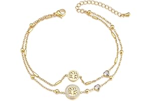 JSDDE Bracelet de Cheville à Chaîne de Perles en Acier Inoxydable pour Femme Fille Bracelet Cheville 2 Couches Breloques Pendentif Arbre de Vie Coeur de Perle Ajustable Bijoux Plage Or 18 Carats