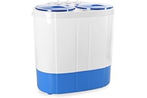 oneConcept DB003 - machine à laver, mini-machine à laver, lave-linge de camping, essoreuse, pour célibataires, étudiants, campeurs, capacité 2 kg, 250 W de puissance de lavage - blanc-bleu