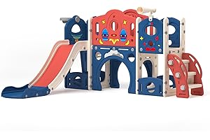 LEFLUFFY 9-in-1 Rocket Toddler Slide with Climbing Ladder,Tunnel and Basketball Hoop, Indoor Outdoor Garden Slide Set for Kids, Children's Play Equipment,Gifts for Kids Girls Boys Teen Ages 1-6