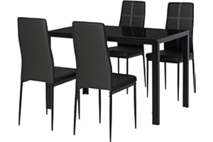 HOMCOM Conjunto de Comedor de Mesa y 4 Sillas 5 Piezas Juego de Muebles de Cocina Mesa Rectangular de Vidrio Templado y Sillas Tapizadas en PU con Patas de Metal Negro