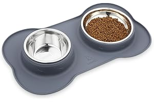 Pecute Hundenapf Mittelgroße Hunde, Futternapf Hund Katzennapf mit Doppel 750ml Näpfe aus Edelstahl, Fressnapf Hund Napf mit Rutschfesten Silikon Tablett, Fressnapf Katze Napfset Wassernapf L Grau
