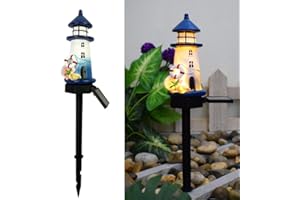 YZYOE Solar Blau und Weiß Leuchtturm Atmosphäre Lichter, Garten und Hof Dekoration Harz nette Haus Stehlampe, Drahtlose Dämmerung zu Dämmerung LED Lichter wasserdicht.