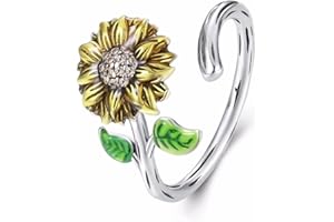 Qings Anillo Girasol Ajustable para Mujer, Plata de Ley 925 Flores Abierto Anillos Regalos de Cumpleaños para Niñas Adolescentes