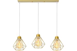 TOKIUS 3 Lampes Suspensions Luminaire Industrielles, Plafonnier E27 Vintage Lustre Doré Salon Lampe Plafond Métal forme Cage Ø160mm éclairage de Plafond Interieur (3 lampes-barre)