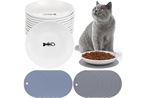 DORAKITTEN 12 Pcs Cat Bowls with 12 Non-slip Mats, Wide & Shallow Cat Plates for Whiskey Fatigue Relief, 15cm/6’' Ceramic Cat Feeding Dishes, Wet & Dry Food Feeding Bowls for Kittens, Cats, Puppies
