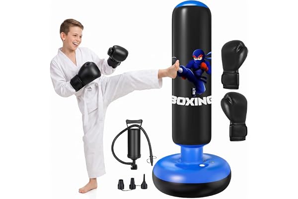 Boxningssäck för barn, 160 cm boxningssäck stående, uppblåsbar stående boxningssäck med boxningshandskar UNE-pump, boxningsväska barn, gåva för pojkar och flickor från 3–12 år öva karate, kickboxning