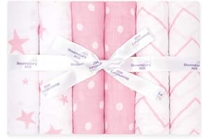 Bloomsbury Mill - Muselinas Bebe Algodon Organico - 70x70 (Paquete de 6) - 100% Algodón Orgánico Puro - Gasas para Bebes - Manta Muselina Grande para Bebes Recien Nacidos – Rosa y Blanco