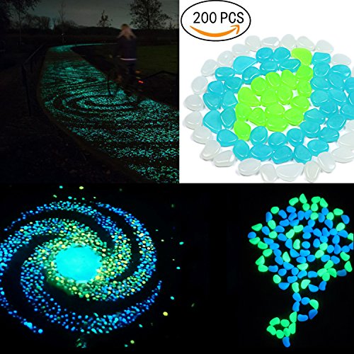 Supmaker 200 pcs phosphorescent en galets de jardin lumineux Pierre pour Passerelle Yard Fish Tank et décor, DIY décoratifs pierres de gravier, 3 couleurs