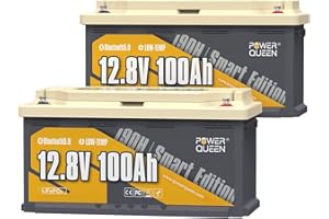 Power Queen Batteria 12V 100Ah Bluetooth H190 LiFePO4,Batteria al Litio a Ciclo Profondo da 1280Wh,100A BMS,Bassa Temp Protezione Batteria, Perfetta per Campeggio,RV,Roulotte,Marina - 2 Pezzi