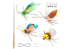 SONGWAY Interaktives Katzenspielzeug Feder Insekten - Katzenangel Set mit 4 Niedliches Insekten Anhänger mit Glocken, Ausziehbare Federstab Katze Spielzeug für Kätzchen und Katzen, Naturholz-Stab