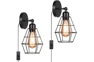 Tomshine Applique murale double industrielle avec câble d'alimentation et interrupteur intérieur rotatif pour chambre, salon, terrasse et couloir [classe énergétique A +] (E27)