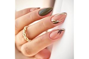 Irikdescia 24 sztuki paznokci do przyciśnięcia, ciemnozielone, krótkie, średniej wielkości, sztuczne paznokcie w kształcie migdałów z płatkami kręgowymi, do studia paznokci, DIY, dla kobiet i