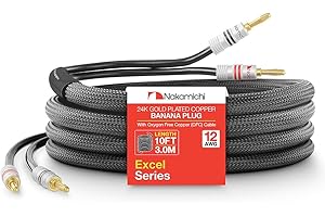 Nakamichi Excel Series Connettore Banana Placcato in Oro 24k con Cavo degli Altoparlanti in Rame Senza Ossigeno al 99.9% (OFC) Intrecciato Robusto per Amplificatore Hi-Fi - Nero (12AWG / 10ft / 3.0m)