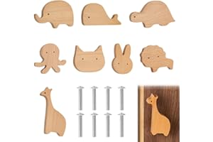 NAVESO 8 pomos de armario de madera para habitación de los niños, tiradores de armario de madera, tiradores de cajones de madera de animales, pomos decorativos de madera con tornillos, pomos para